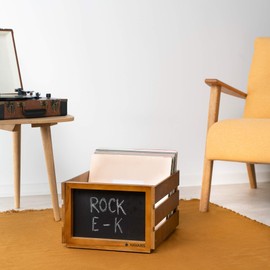 Navaris Wood Record Crate - Vinyl Album Storage Holder Box Wooden Case with Chalkboard Sign Board - Holds up to 80 LP Records - Dark Brown
