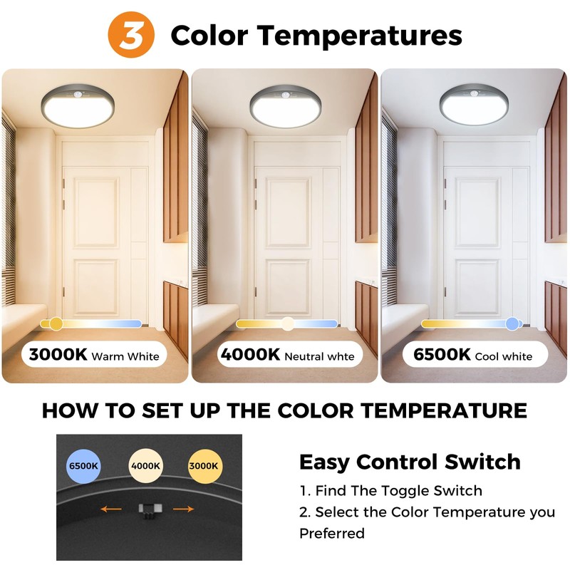 Slochi Motion Sensor Ceiling Light Wired, 3000K/4000K/6500K Selectable LED Flush