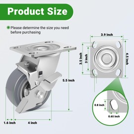 Nefish 4 Inch Heavy Duty Casters Wheels, Industrial Grade Thermoplastic Rubber Casters with Brake 2500 LBS, Ball Bearing Plate Swivel Castors Set of 4, Casters Wheels for Furniture, Cabinet, Table
