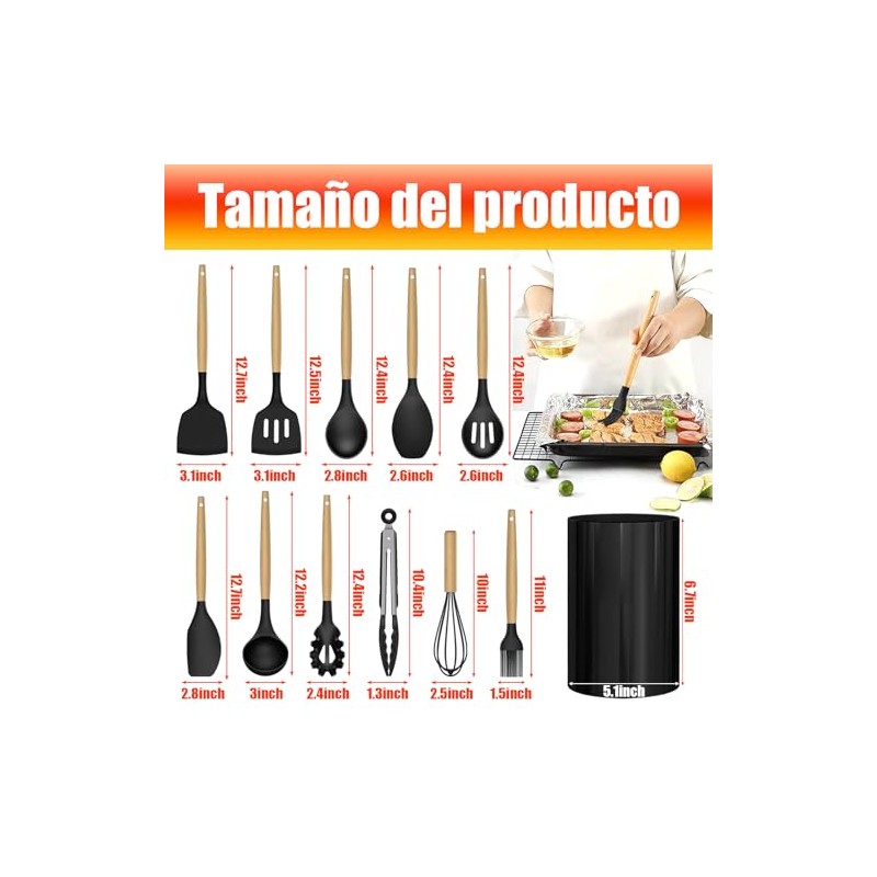 Utensilios de Cocina de Silicona, 12 Piezas Juego de Cucharas