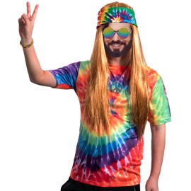 Hippie Costume for Men Momen 60s 70s Colorful T-Shirt 5 PCS Accessories set for Theme Party XXXX-Large
