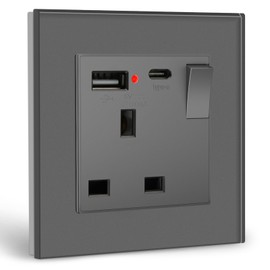 BSEED Single Switched Socket with USB C and USB A Charging Ports, UK Standard Electric Power Sockets with Glass Panel, 1 Gang 13A Wall Socket, Grey