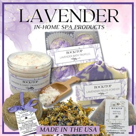 Rock the Top USA Made | 6 Lavender Self Care Gifts for Women, Bath Bombs (Truffles), Plant Based Dry Brush Body Brush Loofah, Epsom Salt Bath Soak, Handmade Soap, Herbal Bath Tea, Self Care Gift Box.