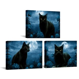 sechars 3 Pieces Cat Canvas Wall Art Black and White Animal Pet with Flower Painting Picture Print Modern Pet Artwork Framed for Living Room Bedroom Office Decor Ready to Hang (Blue, Small)