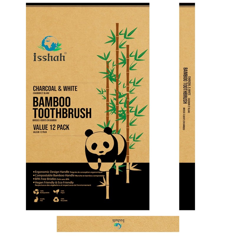 Isshah Biodegradable Eco-Friendly Natural Bamboo Charcoal Toothbrushes, FSC Certified and
