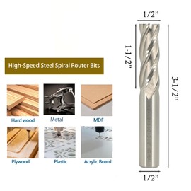 Sinoprotools Up-Cut Spiral Router Bit 1/2-Inch Shank, 4-Flute M2 High-Speed Steel HSS CNC Spiral Router Bits, 1/2" Cut Dia, 1-1/2" Cutting Length, for Wood Engraving Grooving