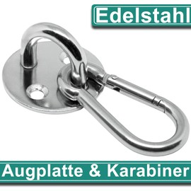 PRIOstahl Eyelet Plate Carabiner Hook - 4 x Round Eye Plate 33 x 19.5 mm + 4 x Carabiner 5 x 50 mm Wall Hooks Ceiling Hook Hanging Attachment for Awning Punch Bag Hay Net Rustproof Stainless Steel