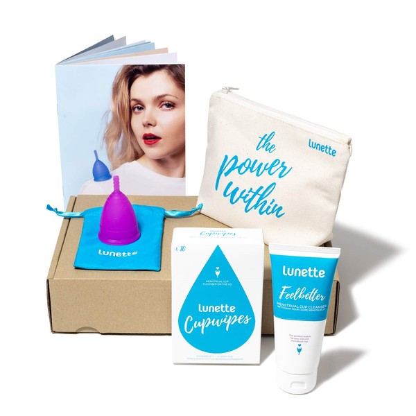 Lunette Reusable Menstrual Cup Kit, Model 2 Period Cup for Moderate to Heavy Flow Plus Cup Cleanser, Cup Wipes and Storage Pouch
