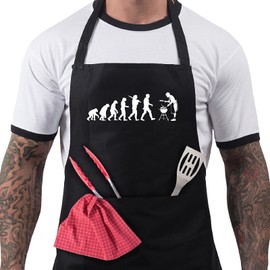 BBQ Aprons for Men, Funny Cooking BBQ Apron in 100% Cotton, Adjustable with 2 Pockets, Birthday, Christmas, Cooking Gifts for dad, chef, husband, him - Evolution of Man - Black