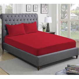 300 Thread Count 100% Pure Egyptian Cotton Bedding Fitted Sheets Stretches Up to 28cm Deep (Red, King: 152x200cm)