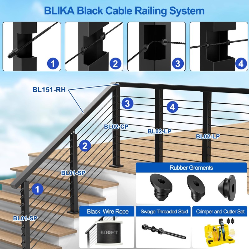 BLIKA 36" Cable Railing Corner Post(Post 35"x2"x2"), Flat Top Surface