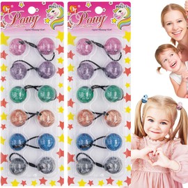 12 Pcs 25mm Hair Ties Hair Accessories for Girls Glitter Galactic Hair Ties with Balls Bubble Twinbead Ponytail Holders (Assorted)