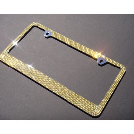 Premium 7 Rows Yellow Crystal Rhinestone-Metal Chrome License Plate Frame with Two Caps(Yellow-D Type)