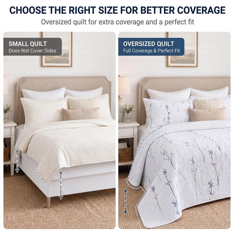 BOV Floral Quilt Set Queen Size 92x96, 100% Cotton Lightweight