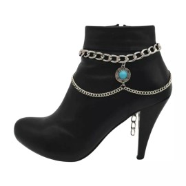 Unbranded Women Silver Metal Boot Chain Shoe Anklet Wave Turquoise Blue Color Coin Charm