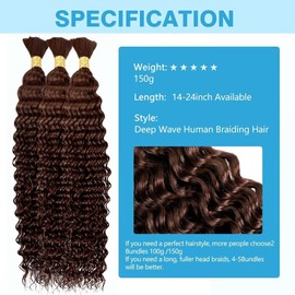 Chocolate Brown Human Braiding Hair Deep Water Wave Bulk Human Hair 150g 20 Inch Color4 Curly Human Hair for Boho Braids Hair Extensions No Weft 3 Braids Per Pack Wet and Wavy Human Hair Braiding Hair