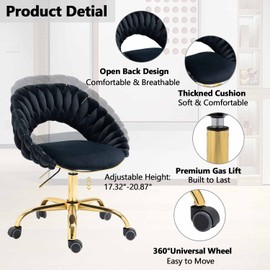 Modern Velvet Office Desk Chair, Upholstered Makeup Vanity Chair with Woven Tufted Back and Gold Base, Swivel Task Chair with Wheels Women Girls Cute Desk Chair for Vanity Room Bedroom Study Black