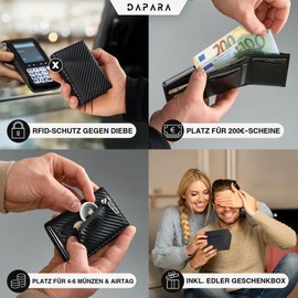 DAPARA Slim Wallet with Coin Compartment and RFID Protection, Men's Small Wallet, Card Holder for 12 Cards, Smart Wallet for Men, Card Wallet, Credit Card Holder, Carbon - Dynamic Silver, Minimalist