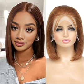 13X4 Chocolate Brown HD Lace Glueless Wigs Human Hair Pre Plucked Pre Cut Bob Wig Human Hair Glueless Wigs Human Hair 180% Density Short Straight Bob Wigs for Black Women 12 Inch