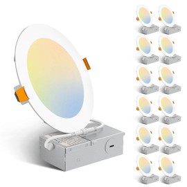 Amico 12 Pack 6 Inch 3CCT Ultra-Thin LED Recessed Ceiling Light with Metal Junction Box, 3000K/4000K/5000K Selectable, 12W Eqv 100W, Dimmable LED Canless Wafer Downlight, 1000LM-ETL&FCC