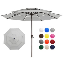 JEAREY 3 Tiers Patio Umbrella with Solar Lights 9FT Outdoor Market Table Umbrellas with Push Button Tilt for Outside Garden Pool,Light Gray