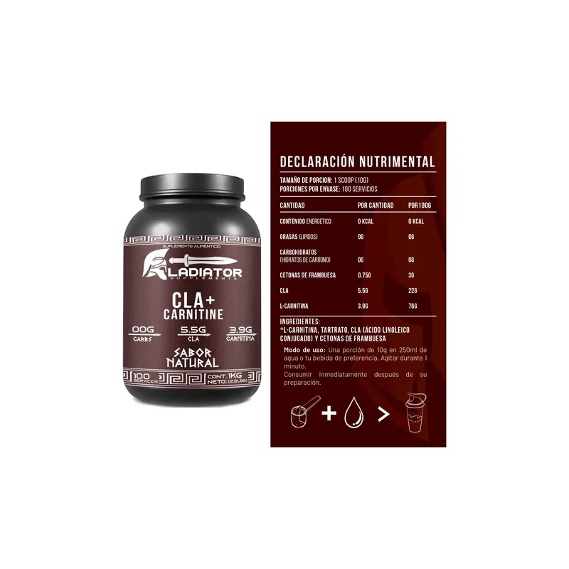 Gladiator Cla Carnitina 1kg 100 Servicios Sabores