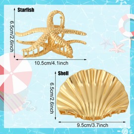 2 Pcs Seashell and Starfish Hair Claw Clips for Women and Girls, Gold Metal Large Claw Clips Fashion Headdress Accessories for Most Hairstyles Thick Long Straight Curly Hair