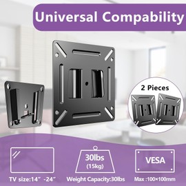 TETVIK Monitor Mount for Most 14-24 Inch LED LCD OLED Flat Screen TV and Monitors, Max VESA 100x100mm and Weight Capacity Up to 30lbs for Camper Boat RV Small Monitor Wall Mount Bracket 2pcs