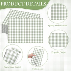 Moinchore 100 Pack Sage Green Gingham Paper Placemats Plaid Disposable Placemat Green and White Checkered Table Mats for Baby Shower Wedding Birthday Party Dining Table Decorations, 10 x 14 Inch