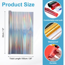 MECCANIXITY Iridescent Window Film,12" x 39" Iridescent Holographic PVC Fabric Dichroic Film Clear Vinyl Paper Roll for DIY Craft Gift Wrapping Bag Decoration, Laser Silver