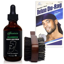 Fountain Manbrew Beard Mustache Hair Grooming Serum with Premium Hemp Oil 5 Ounce - Natural Boar Brush - Satin Durag