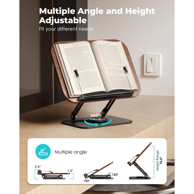 Viozon Book Stand for Reading,Book Holder, Height&Angle Adjustable, 360° Rotating