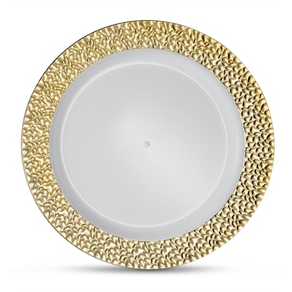 [10 Count - 10 Inch Plates] Laura Stein Designer Tableware Premium Heavyweight Plastic White Dinner Plates With Gold Border, Party & Wedding Plate, Glitz Series, Disposable Dishes