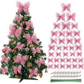 JULBEAR 36 PCS Christmas Glitter Butterfly Ornament，3 Size Pink Hollow out Butterflies Christmas Tree 3D Ornaments with Clips and Stems for Christmas Tree Wedding Wreath Party Supply(Pink)