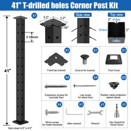 CKE T-Drilled Corner Post Cable Railing, Three Sides T-Drilled 42" Cable Railing Corner Post (Post 41"x2"x2") with Cable Grommets, 90° Black Finish Stainless Steel Corner Post for Indoor Outdoor, CP02
