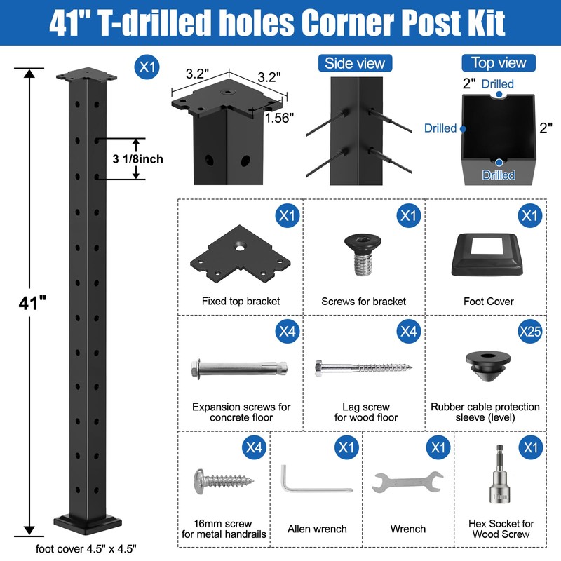 CKE T-Drilled Corner Post Cable Railing, Three Sides T-Drilled 42"