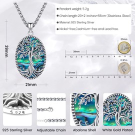 Eusense Tree of Life Pendant Necklace 925 Sterling Silver Gifts for Father's Day Jewellery for Mother Women Girls, Sterling Silver, Abalone