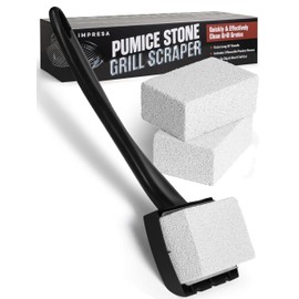 Impresa Pumice Stone Grill Brush - 5 x 2 in Head, 16 in Handle, Pack of 3 Replacement Bricks - Grease Removal BBQ Cleaning Stone - Ergonomic Long Handle Griddle Cleaning Kit - Versatile Grill Scraper