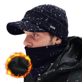 Comhats 50% Merino Wool Knitted Hat with Peak for Men and Women with Fleece Neck Circle, Winter Hat with Edge, Fleece Lined Running Hat, blue-black