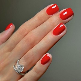 KQueenest Light Red Press On Nails Short Square, Soft Gel Fake Nails Press ons, Sheer Bright Red Glue on Nails Short Coffin, Solid Color Reusable Stick on False Nails for Women Girls 24 Pcs