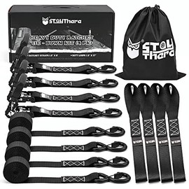 Stay There Heavy Duty Ratchet Tie Down Straps - 4500 Lbs Breaking Strength 1.5" x 8' , Includes 4 Heavy Duty Ratchet Padded Handles â Coated Deep S-Hook & Carry Bag (Black)