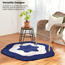 PREPPYLOOM RUGS Scalloped Hand Braided Round Jute Rug, Farmhouse Rugs for Living Room, Dining Room, Kitchen, Nursery, Easy Clean, Non Slip, Non Shedding, Reversible, 6x6 ft, Blue White