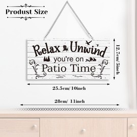 10 x 5 Inch Patio Wall Decor Hanging Wall Art Metal Plaque Signs Vintage Balcony Decor Retro Patio Accessories Relax Unwind You're on Patio Time with Chain for Home Pub (Black Words with White Base)