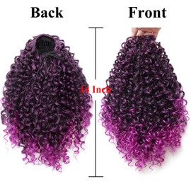 XSASLYET 14 Inch Drawstring Ponytail Extension for Black Women, Curly Long Hair Ponytail, Natural Black Pony Tails Hair Extensions with Secure Fit for Easy Daily Wear (T1B/Purple)