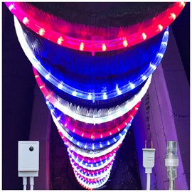 Russell Decor 30ft Red White Blue LED Rope Lights with Patriotic Lights with 4-Level Dimmable Controller Outdoor for Patriotic 4th of July Memorial Day Decor Patio Deck Flexible Lights
