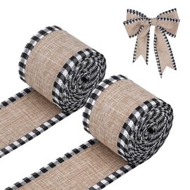 LUTER 2 Rolls 6 Yard Plaid Ribbon Burlap Fabric for Crafts, Plaid Burlap Wired Ribbons Strap Christmas Decorations for DIY Crafts Making Countryside Style Bow-Knot (Black and White)
