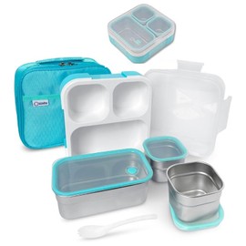 kinsho Stainless Steel Bento Lunch Box Set for Adults, Kids - Insulated Bag - Leak-Proof Metal Compartment Meal Prep Food & Snack Containers for Work Travel School Daycare 24 oz Baby Teal Blue