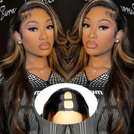 U Part Human Hair Wig Body Wave Highlight Wig #1b/30 Upgrade Human Hair Wig Ombre with Clips Brown Wigs for Black Women 180% Density No Leave Out Blonde and Brown Wig(24inch)