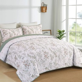 Anibedding King Size Quilt Sets Green Floral Pattern Quilt Bedding Set, 3 Pieces Botanical Quilt Soft Microfiber Bed Coverlet for All Season(104" x 90")