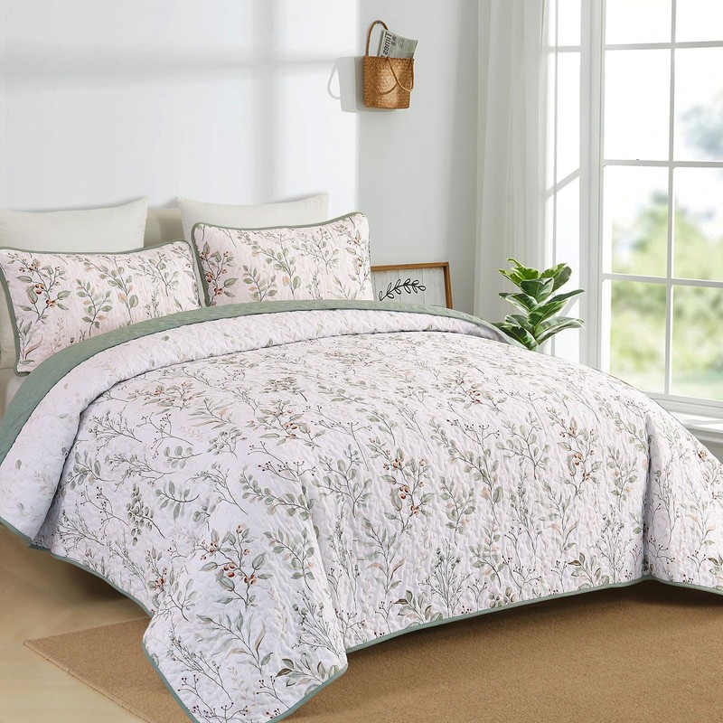 Anibedding King Size Quilt Sets Green Floral Pattern Quilt Bedding